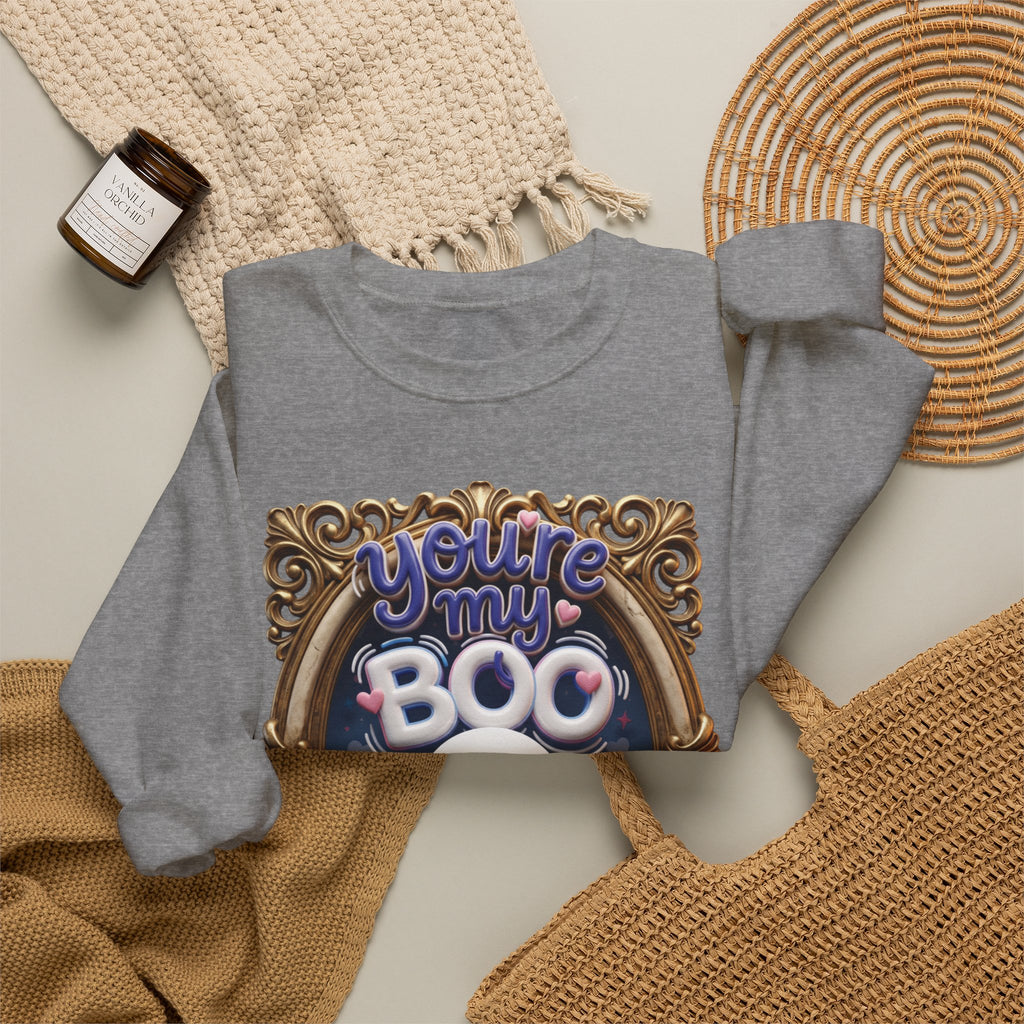 Graphite Heather crewneck sweatshirt styled flat with a candle — smiling ghost in a gilded frame