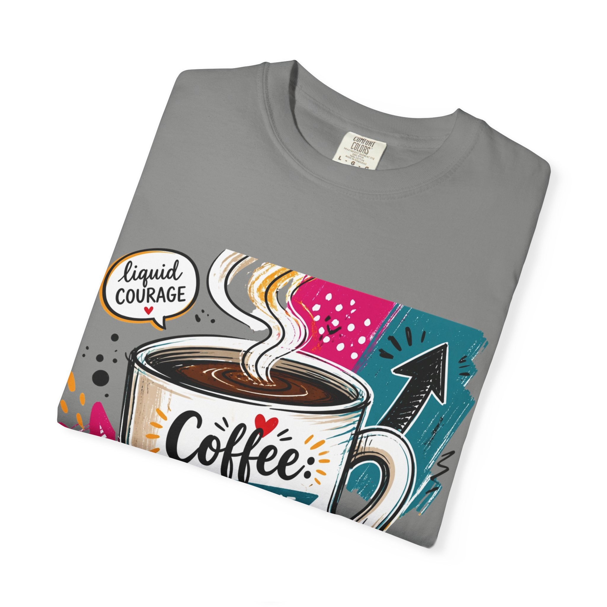 Granite t-shirt folded to show the tall striped mug set into a busy retro collage print