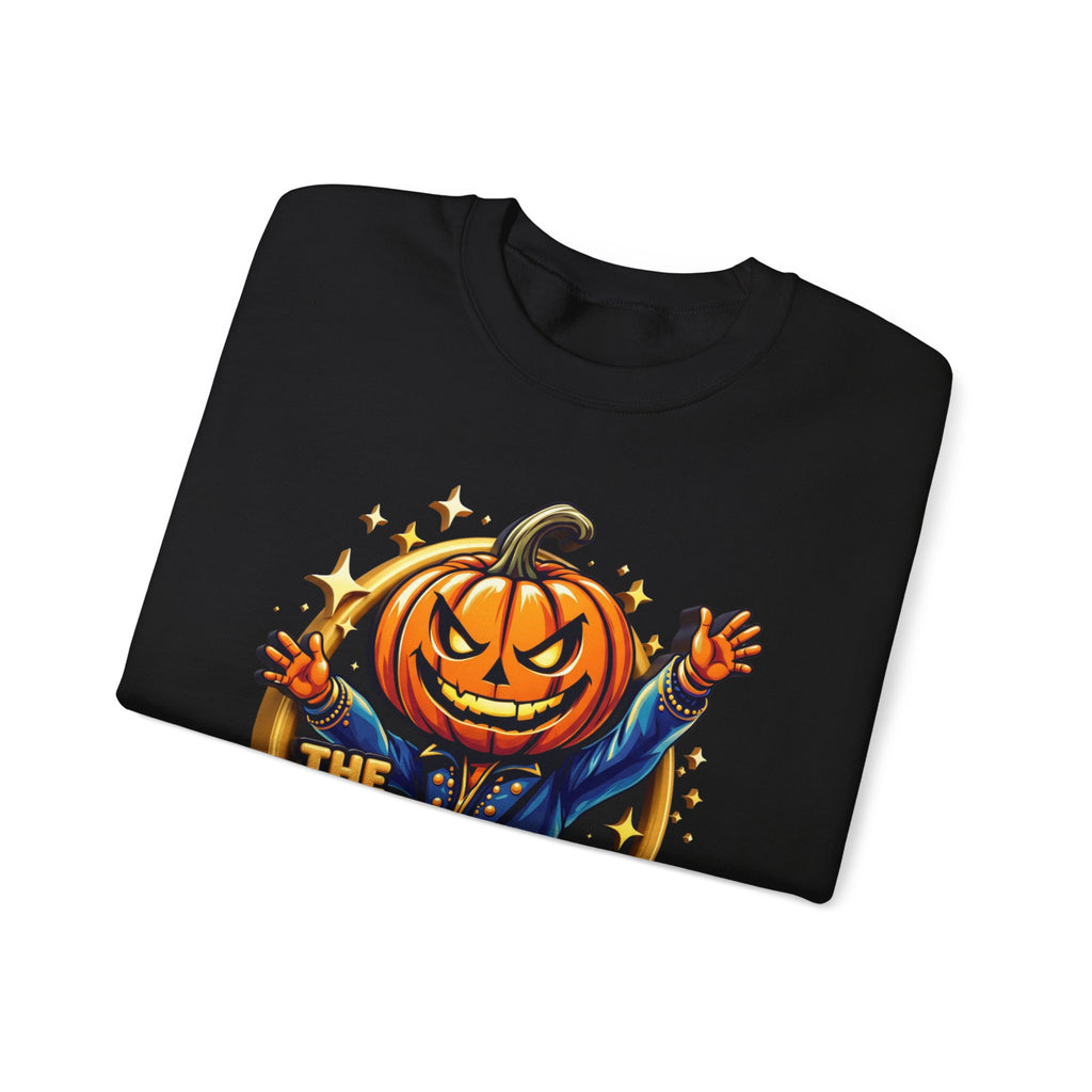 Black crewneck sweatshirt folded to show the grinning jack-o-lantern head in a blue jacket throws print