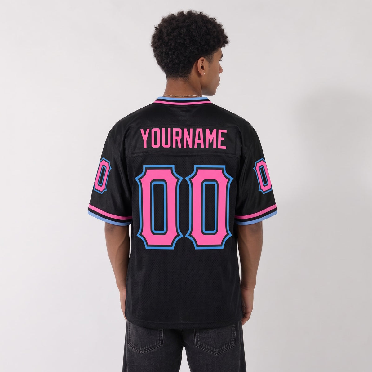 Custom Black Pink-Powder Blue Mesh Throwback Football Jersey - 3
