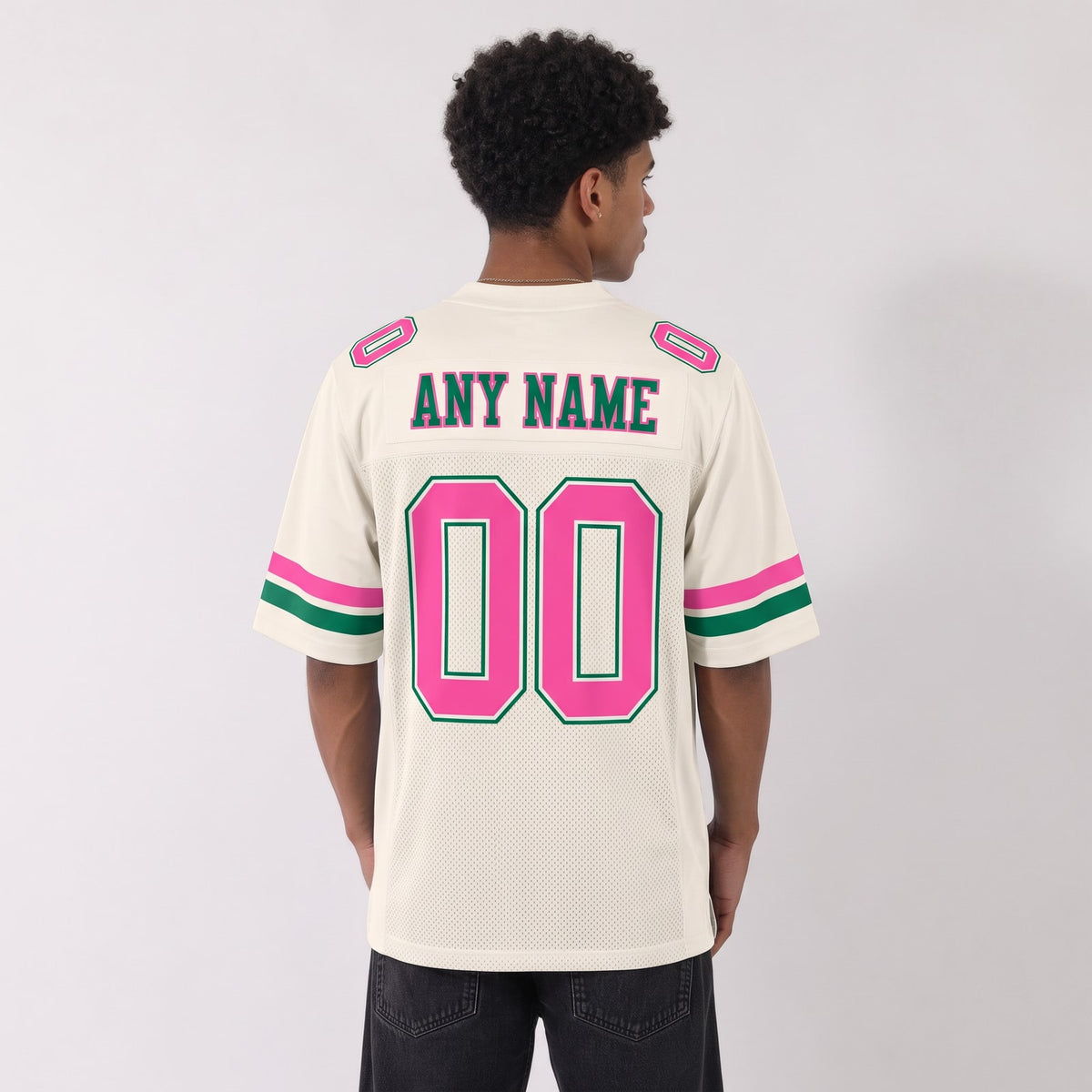 Custom Cream Pink-Kelly Green Mesh Football Jersey - 3
