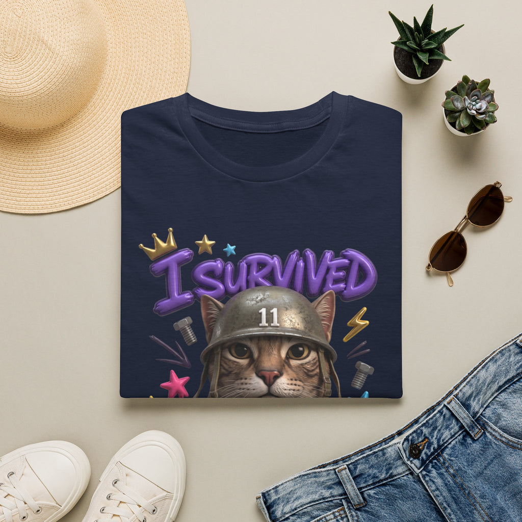 Navy t-shirt styled flat with a candle — flat-eyed cat in a steel helmet