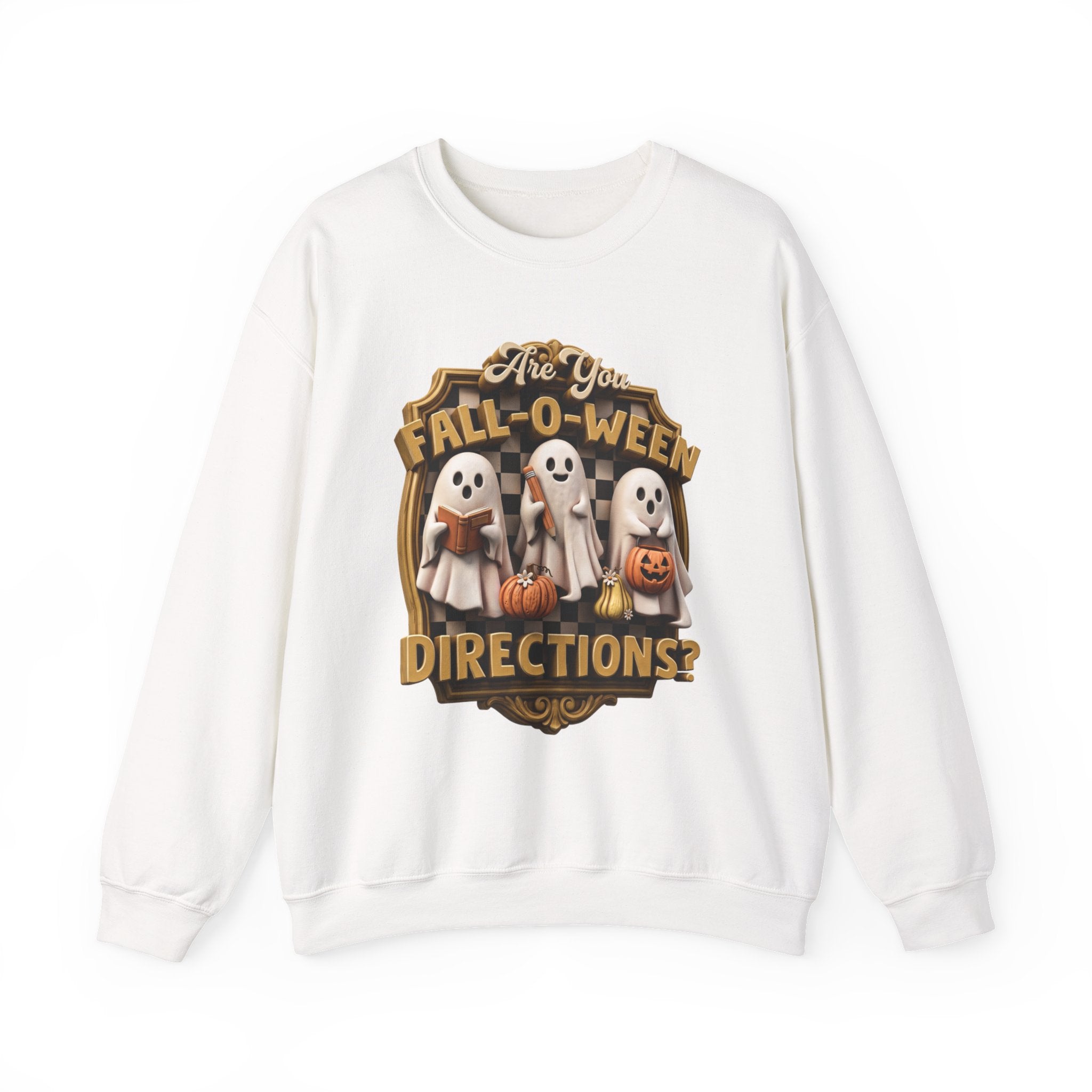 White crewneck sweatshirt laid flat, printed with a three little sheet ghosts read a book and carry