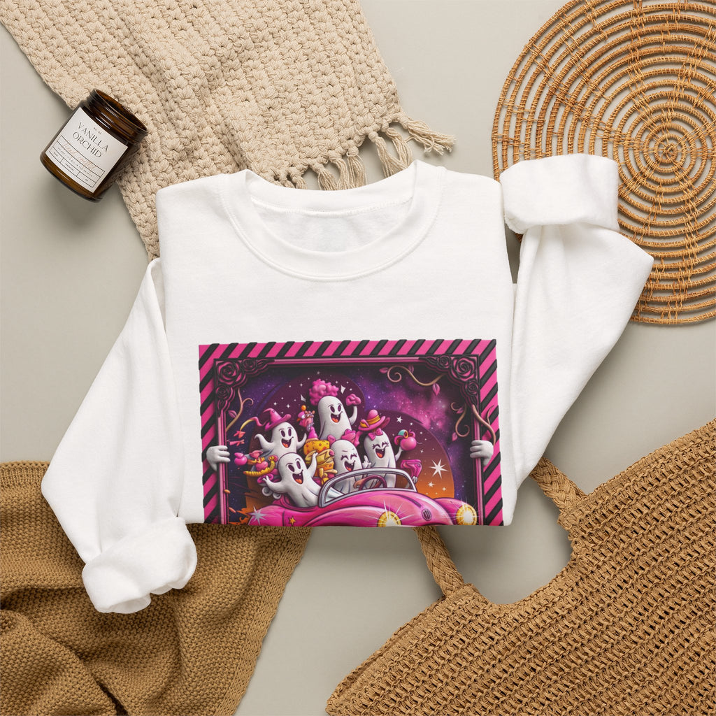 White crewneck sweatshirt styled flat with a candle — ghosts in a pink convertible