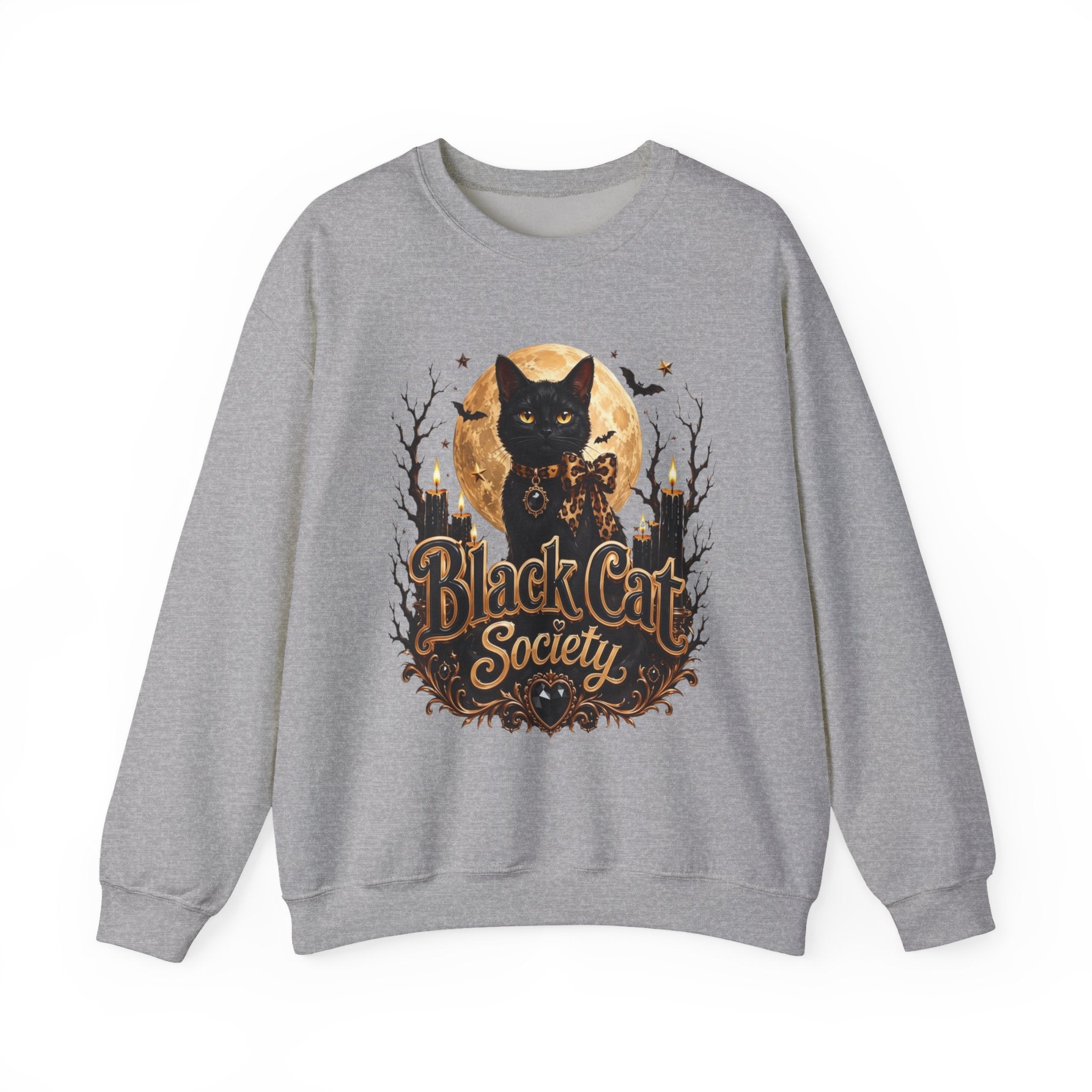 Sport Grey crewneck sweatshirt laid flat, printed with a black cat sits before a glowing full moon