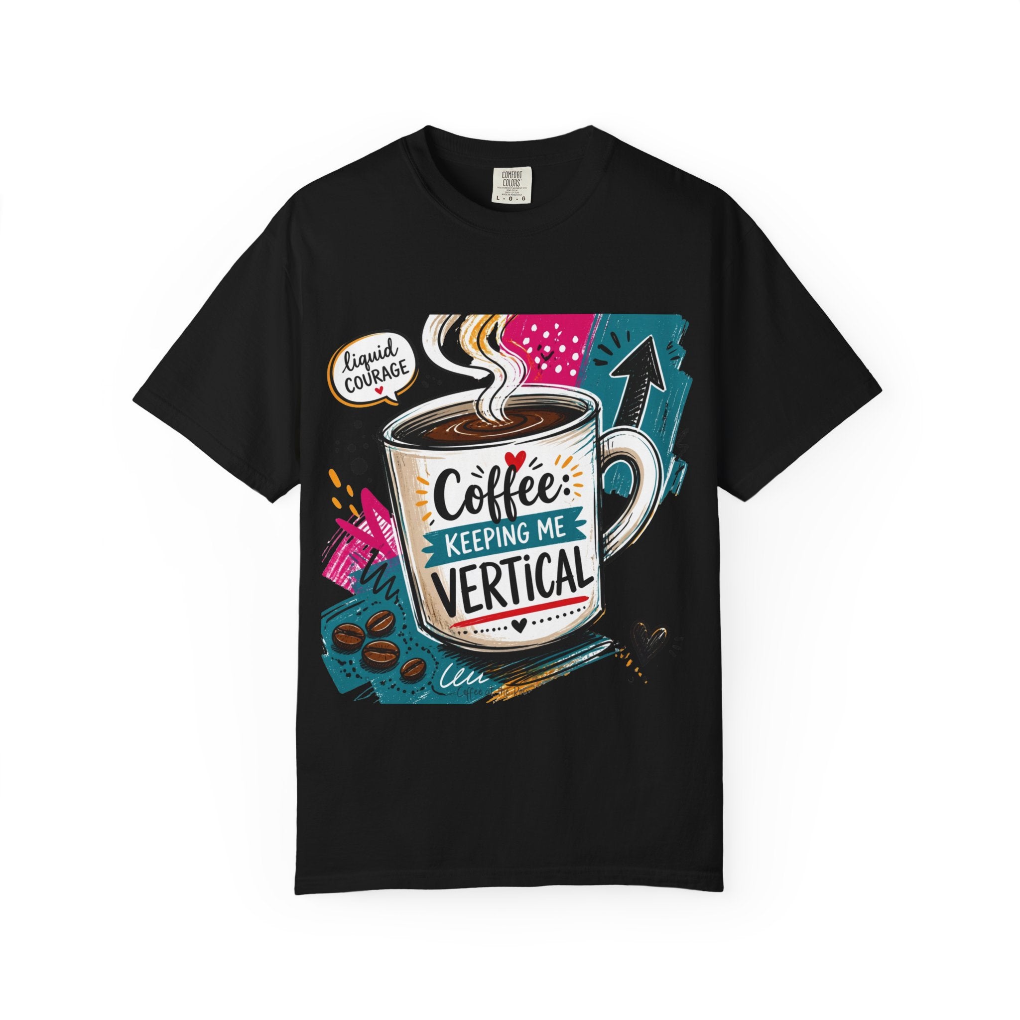 Black t-shirt laid flat, printed with a tall striped mug set into a busy retro collage