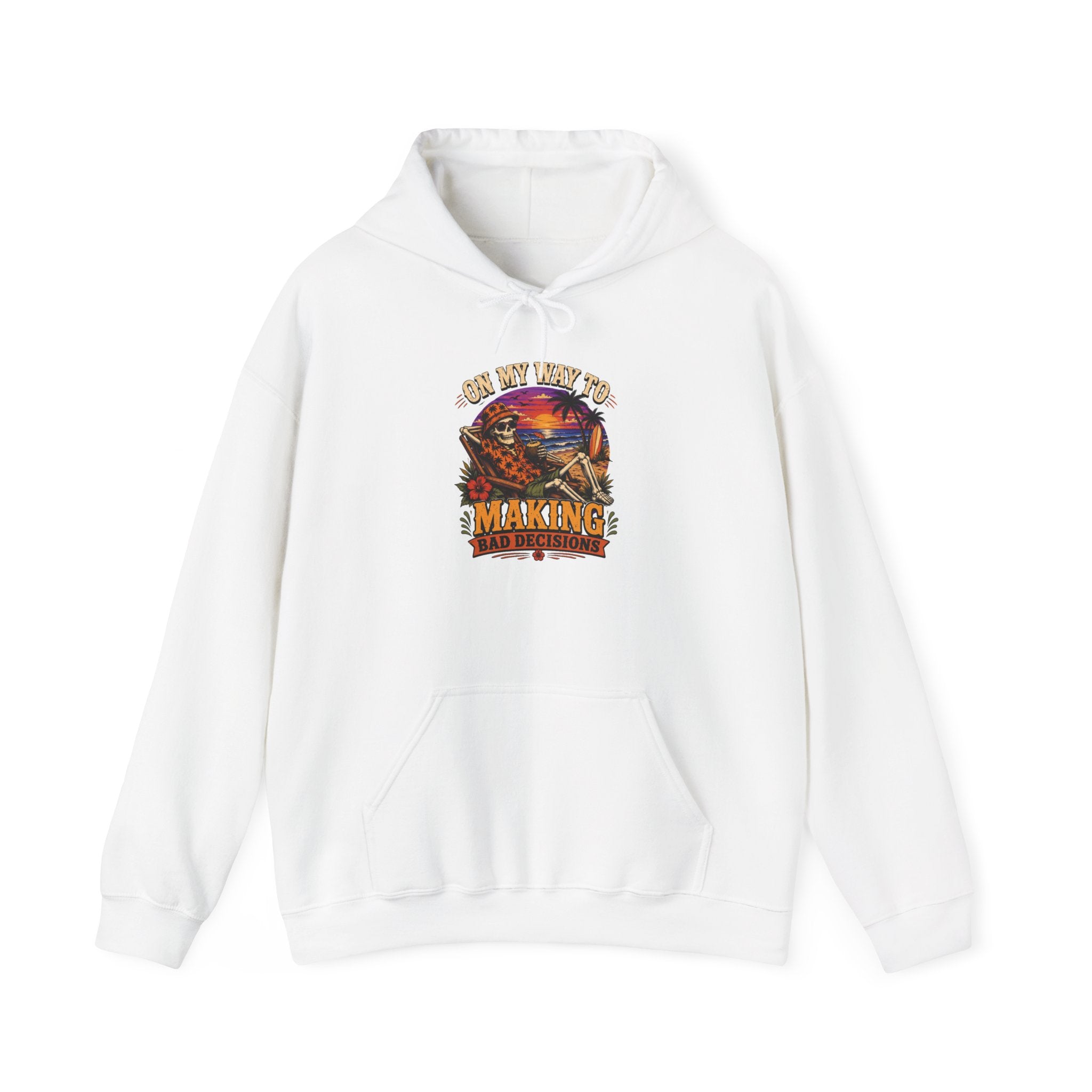 White hoodie laid flat, printed with a sunset skeleton print centred on the chest