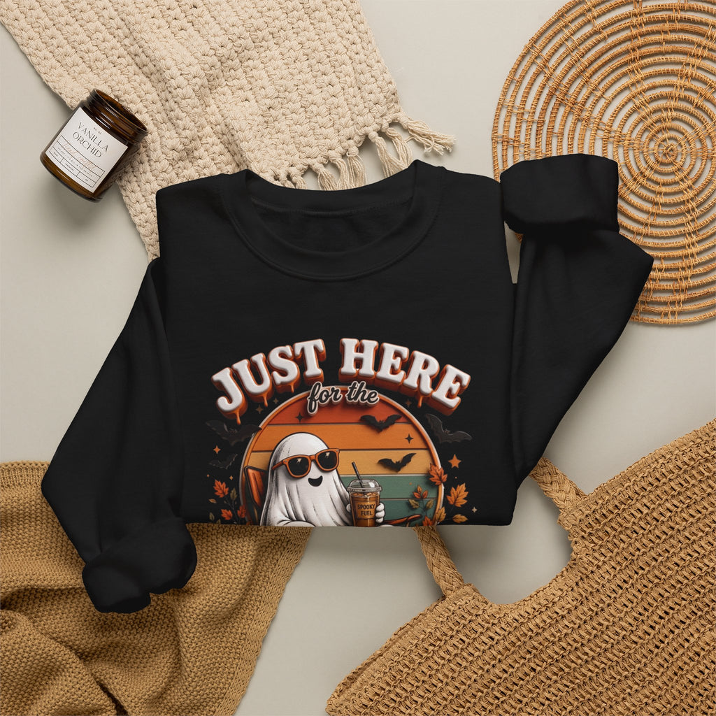 Black crewneck sweatshirt styled flat with a candle — ghost in sunglasses with iced coffee