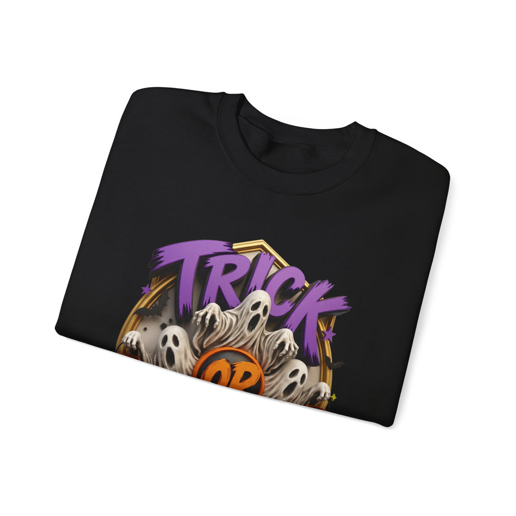 Black crewneck sweatshirt folded to show the huddle of wide-mouthed ghosts rises between two carved pumpkins print