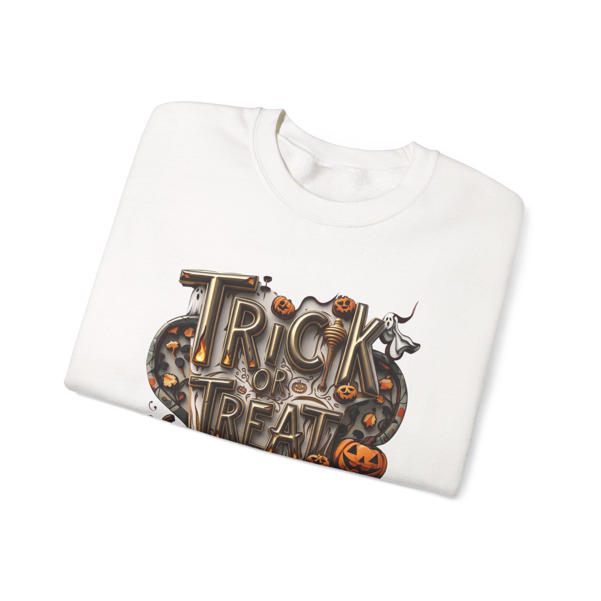 White crewneck sweatshirt folded to show the carved metallic lettering reading trick or treat yourself sits print