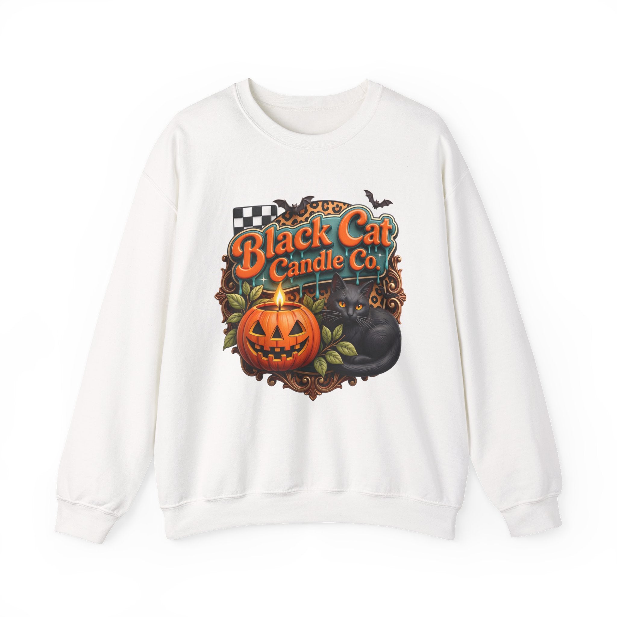 White crewneck sweatshirt laid flat, printed with a retro teal signboard reads black cat candle co