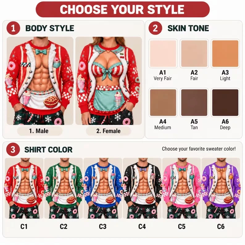 Funny Sexy Christmas Faux Body Ugly Sweater Couple Sweatshirt