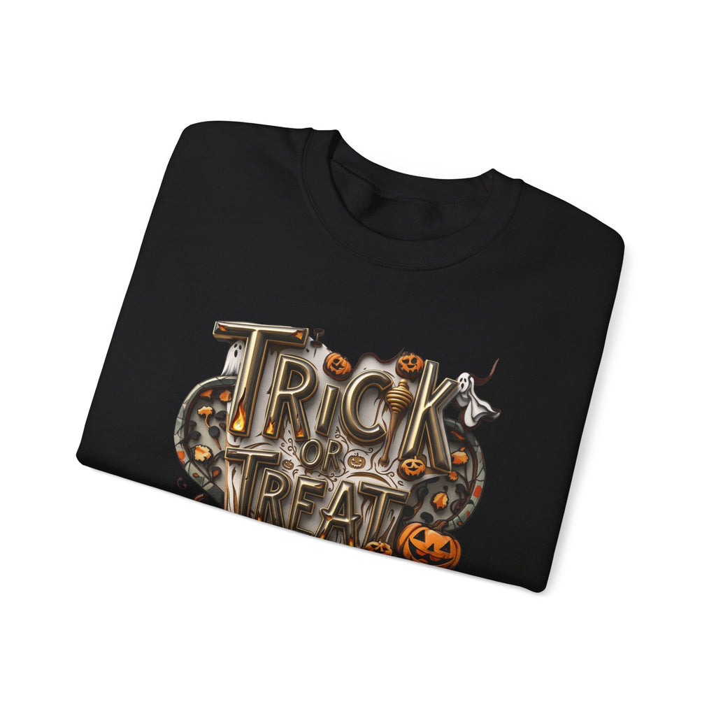 Black crewneck sweatshirt folded to show the carved metallic lettering reading trick or treat yourself sits print