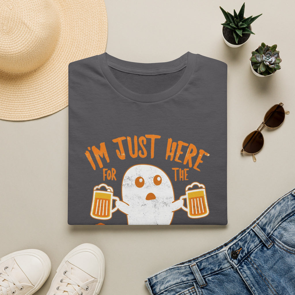 Charcoal t-shirt styled flat with a candle — wide-eyed ghost raising a frothy pint
