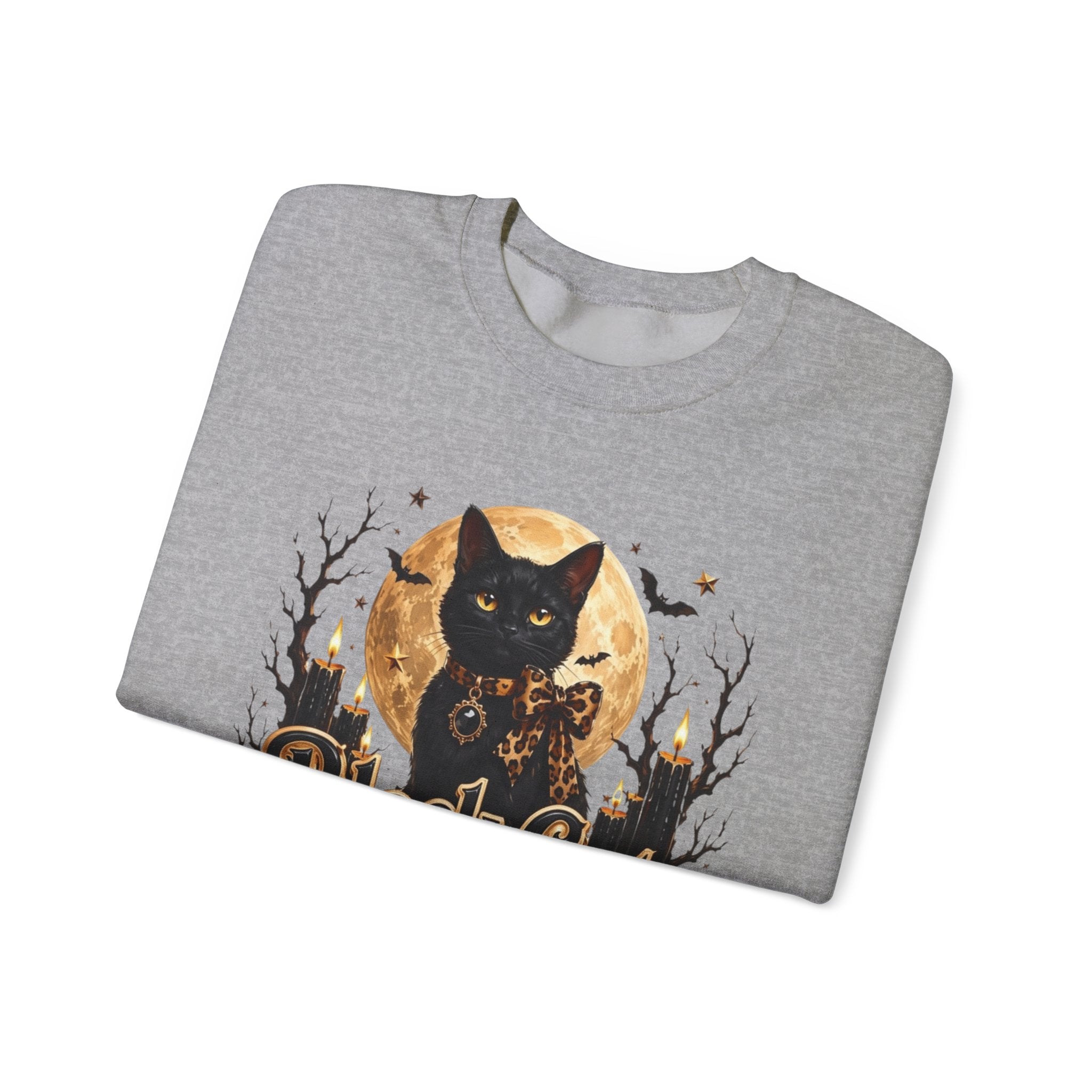 Sport Grey crewneck sweatshirt folded to show the black cat sits before a glowing full moon print