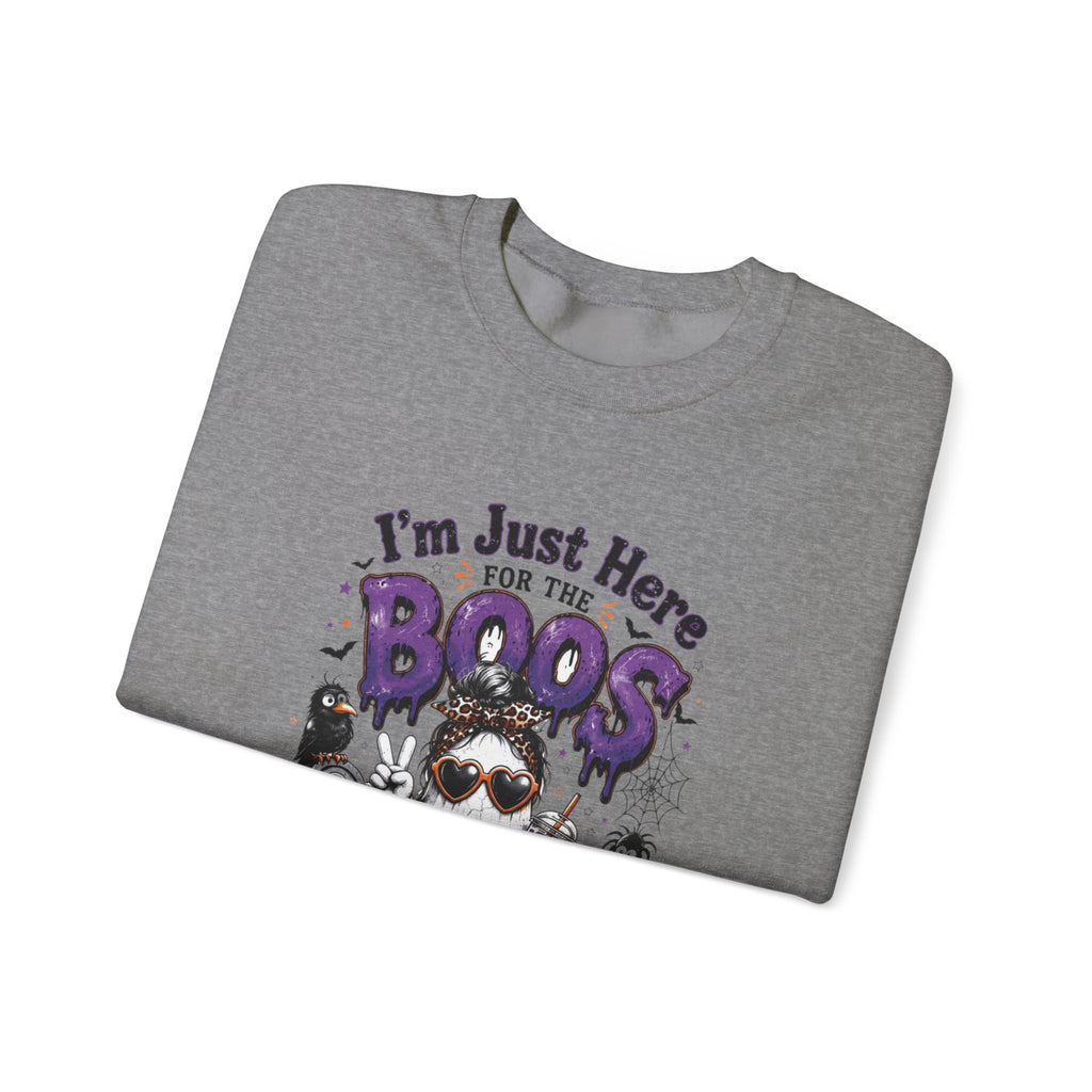 Graphite Heather crewneck sweatshirt folded to show the three cartoon ghosts in sunglasses print
