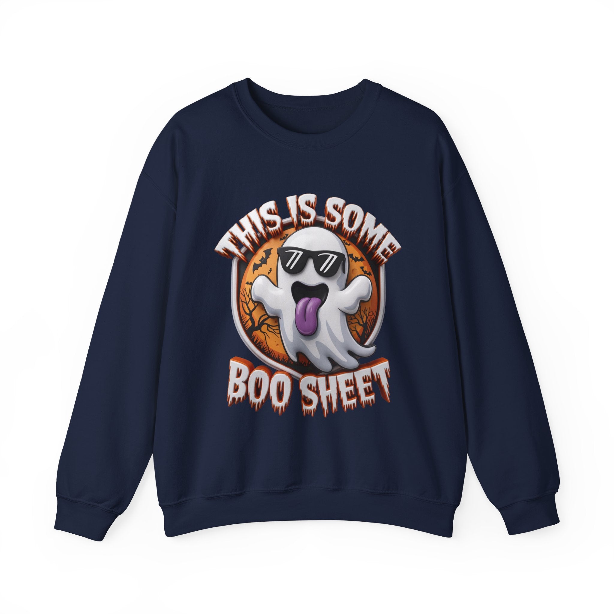 Navy crewneck sweatshirt laid flat, printed with a cartoon ghost in dark sunglasses sticks its purple tongue