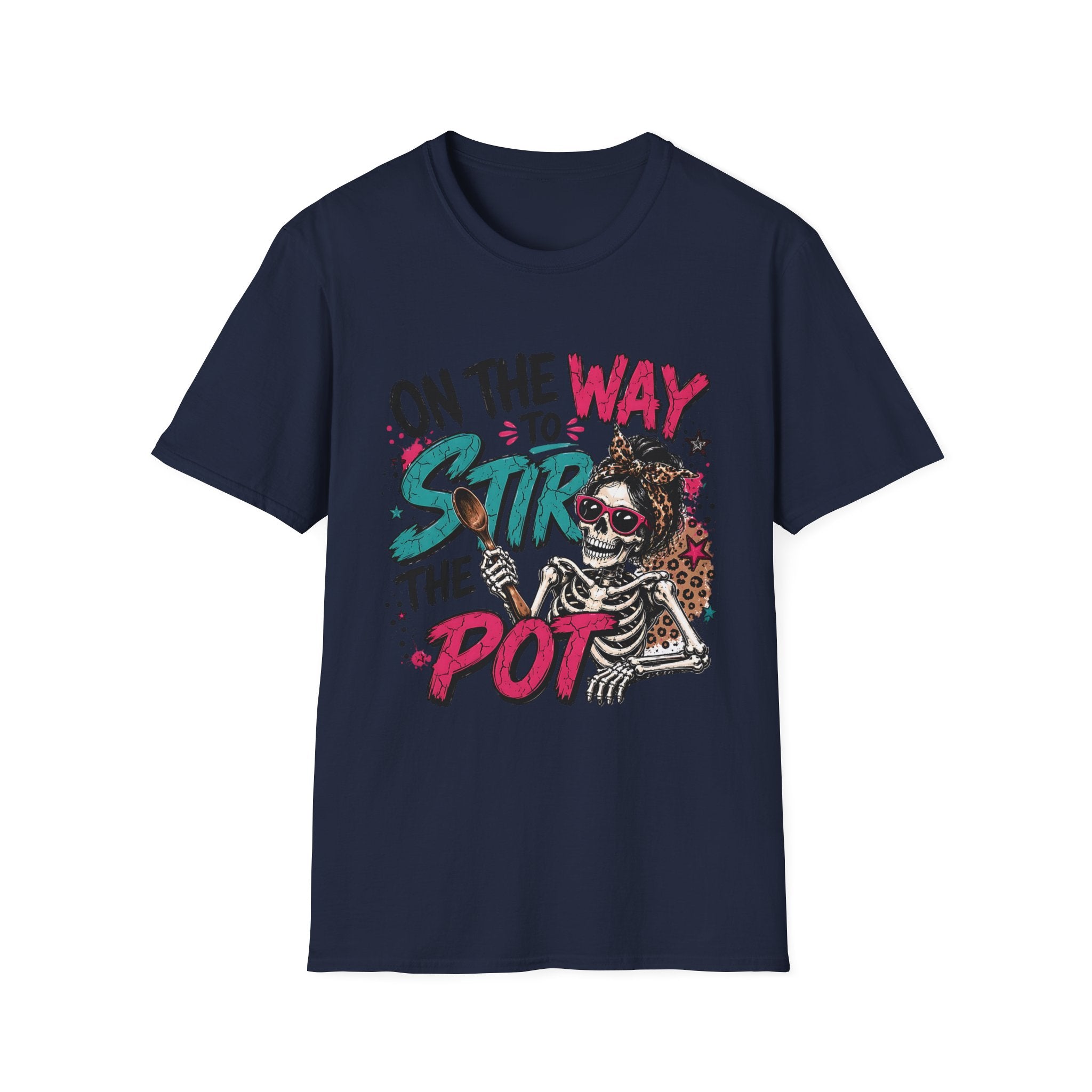 Navy t-shirt laid flat, printed with a skeleton and bold teal and pink lettering reading