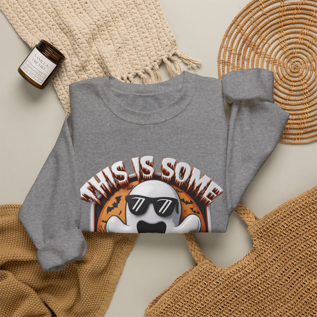 Graphite Heather crewneck sweatshirt styled flat with a candle — cartoon ghost in dark sunglasses