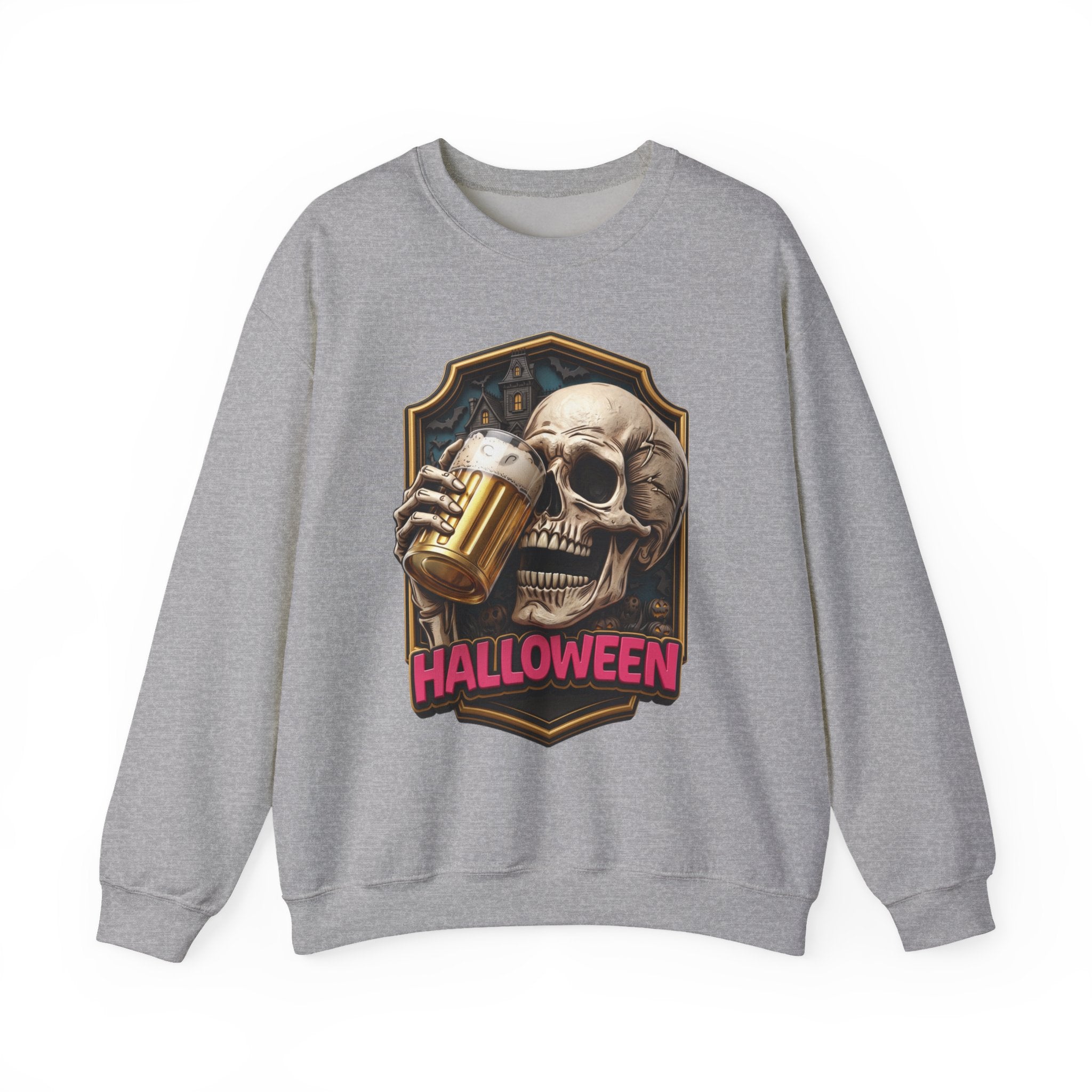 Sport Grey crewneck sweatshirt laid flat, printed with a cracked skull lifts a frothy beer mug inside