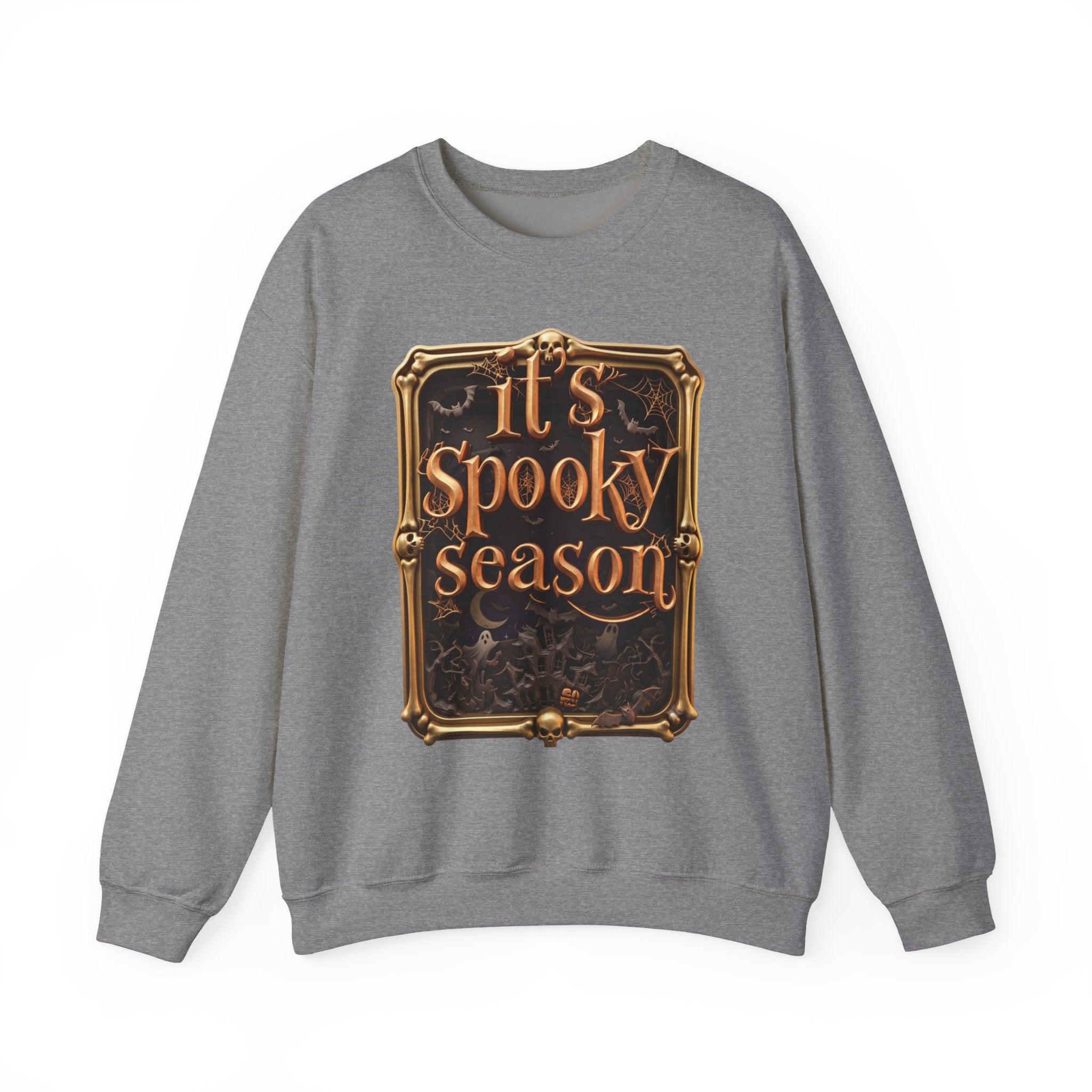 Graphite Heather crewneck sweatshirt laid flat, printed with a copper serif lettering reads it's spooky season inside
