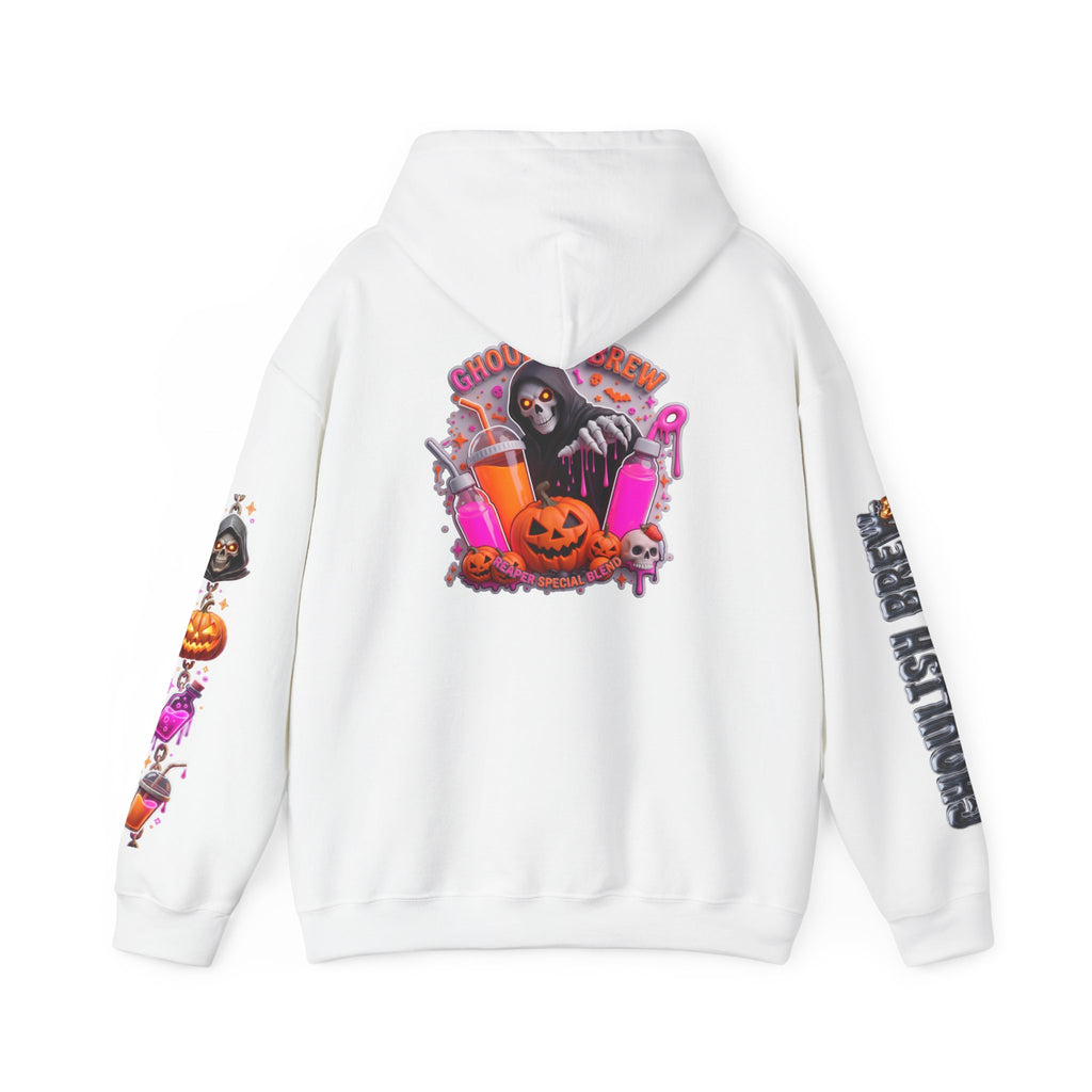 White hoodie, plain back — Potion Co jack-o-lanterns and potion bottles on the front