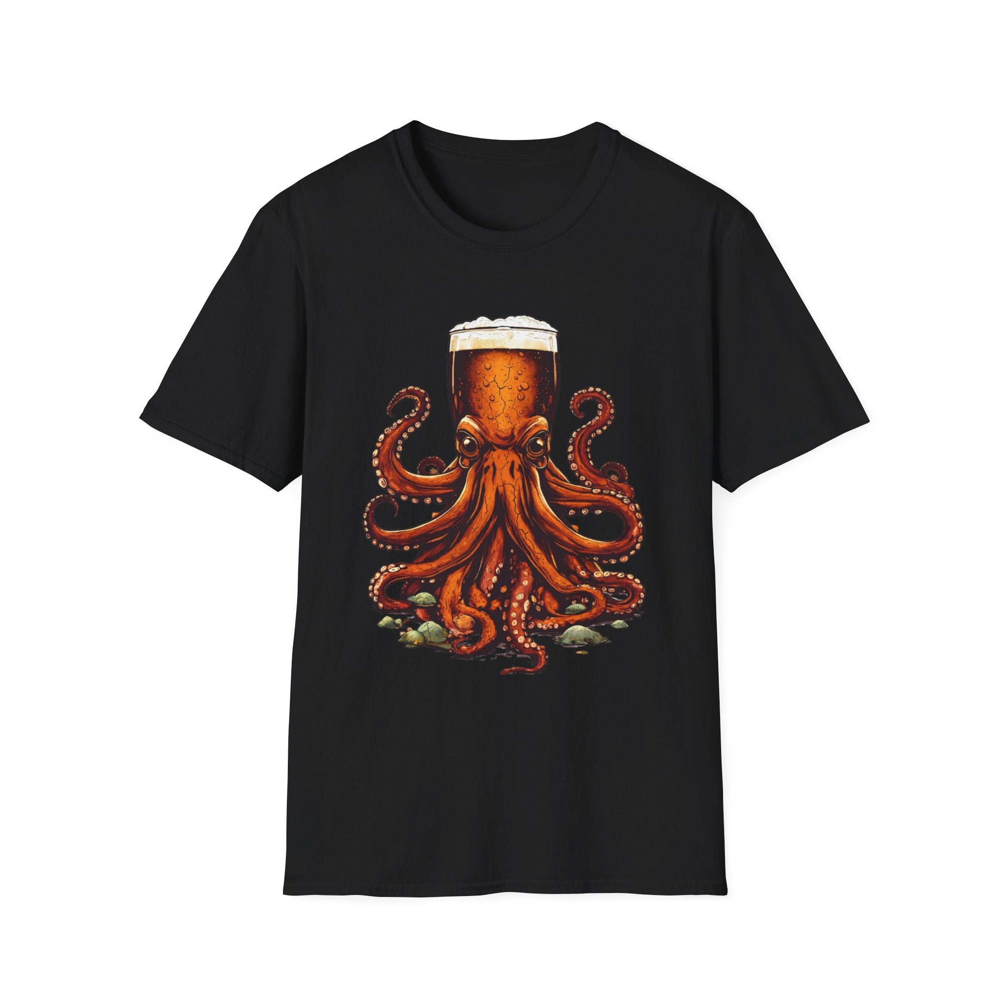 Black t-shirt laid flat, printed with a detailed octopus wrapped around a full glass of beer