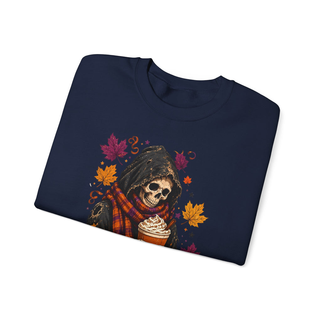 Navy crewneck sweatshirt folded to show the hooded skeleton holding a pumpkin spice drink print