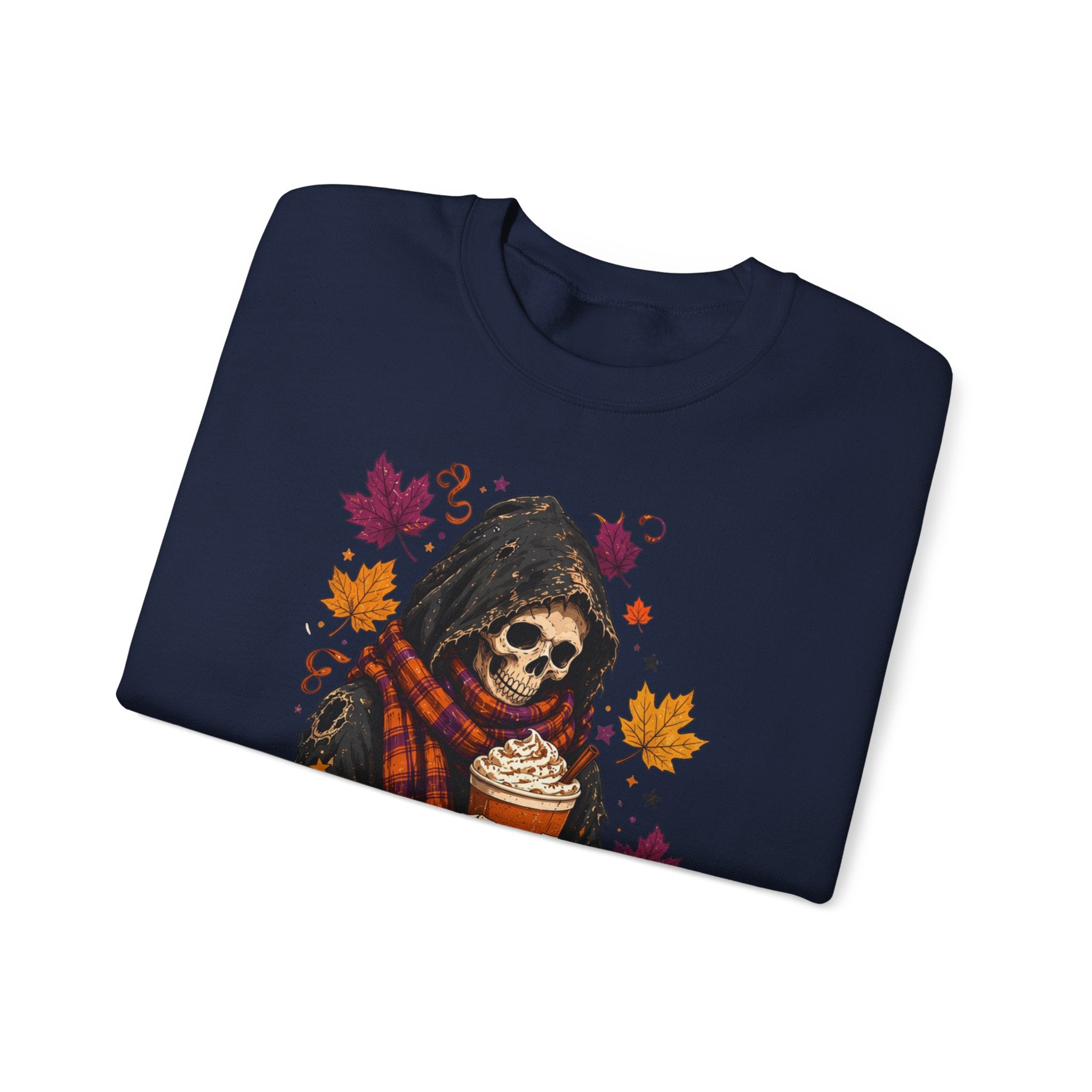 Navy crewneck sweatshirt folded to show the hooded skeleton holding a pumpkin spice drink print