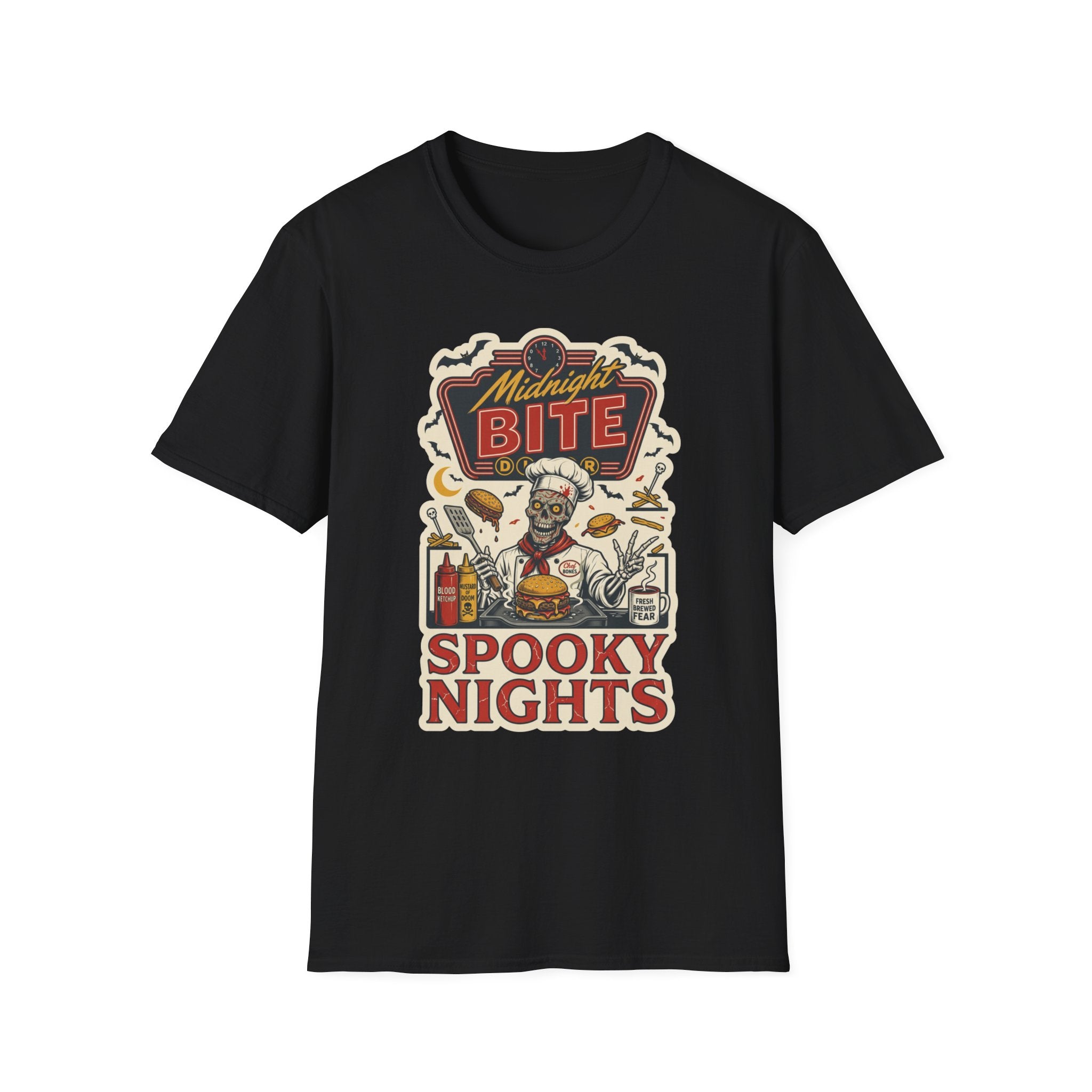 Black t-shirt laid flat, printed with a late-night diner sign stacked