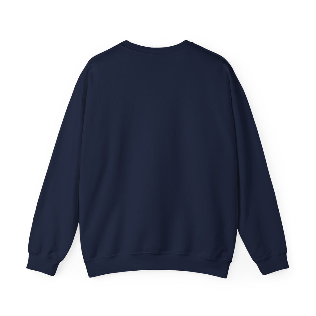 Navy crewneck sweatshirt, plain back — moonlit forest of gnarled mossy trees on the front