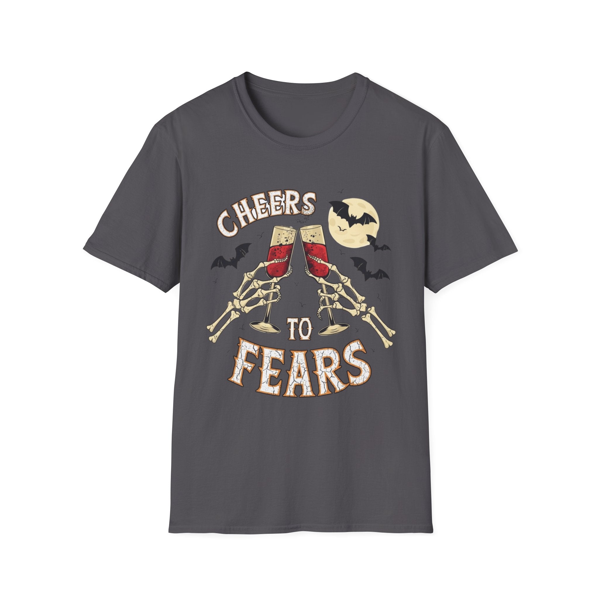 Charcoal t-shirt laid flat, printed with a two skeleton hands toasting champagne glasses with bats above