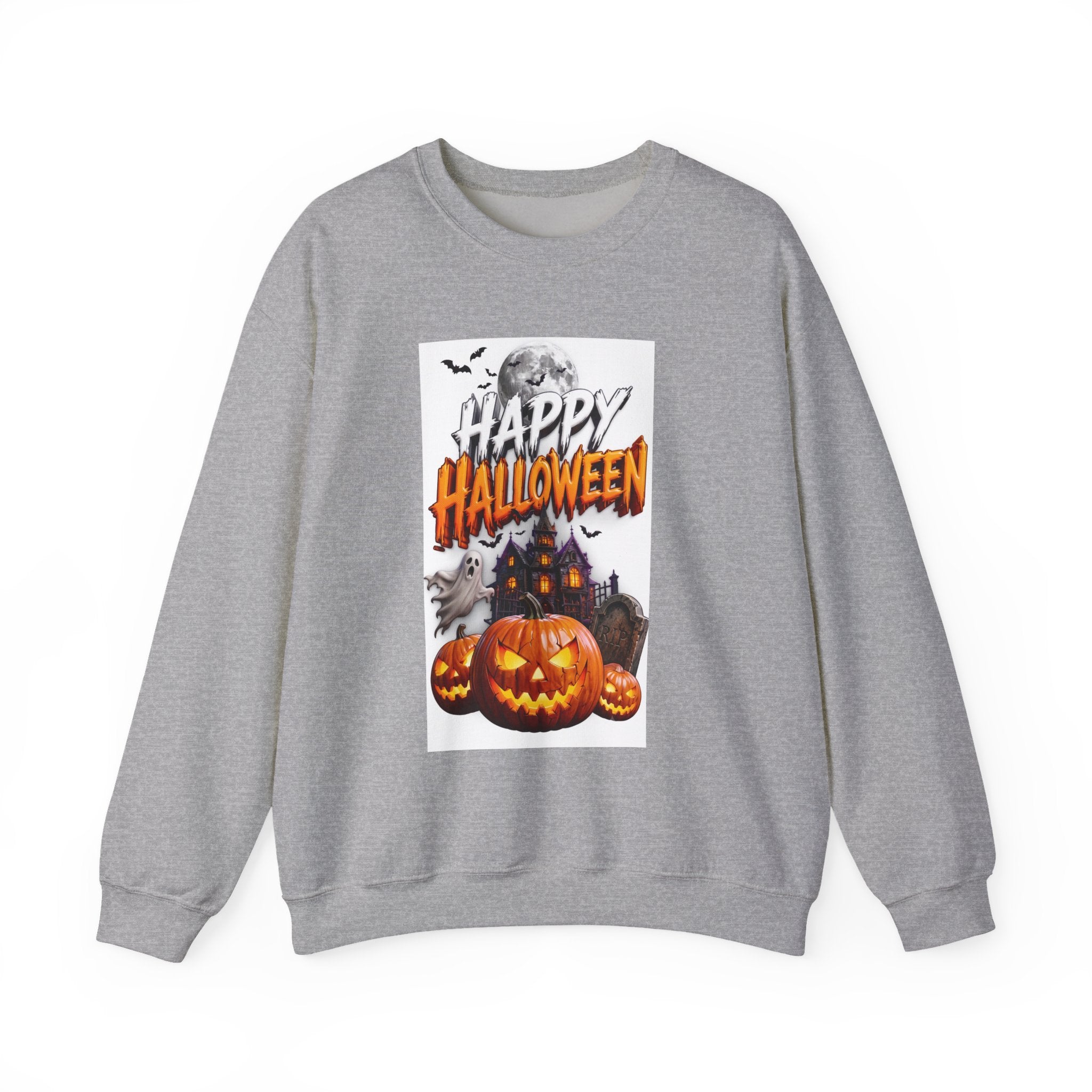 Sport Grey crewneck sweatshirt laid flat, printed with a haunted house