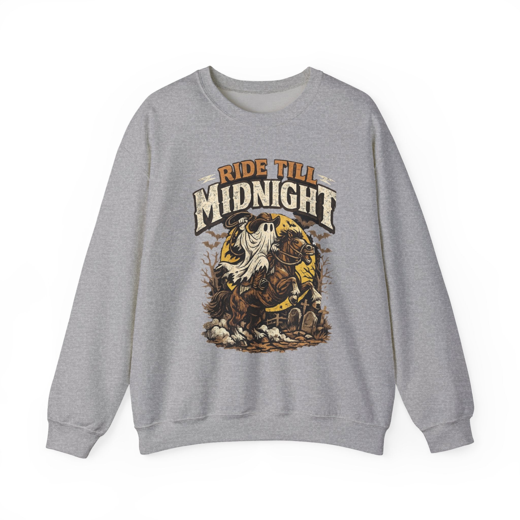 Sport Grey crewneck sweatshirt laid flat, printed with a vintage style skeleton on a motorcycle under a banner