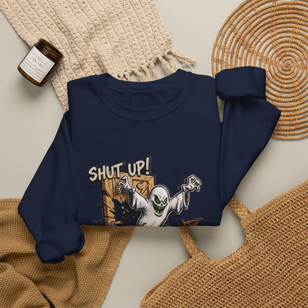 Navy crewneck sweatshirt styled flat with a candle — green-eyed ghost with bat wings