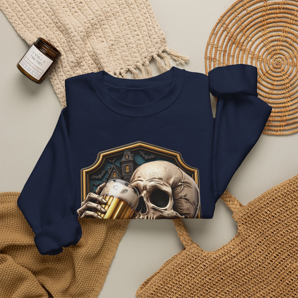 Navy crewneck sweatshirt styled flat with a candle — cracked skull with a beer mug