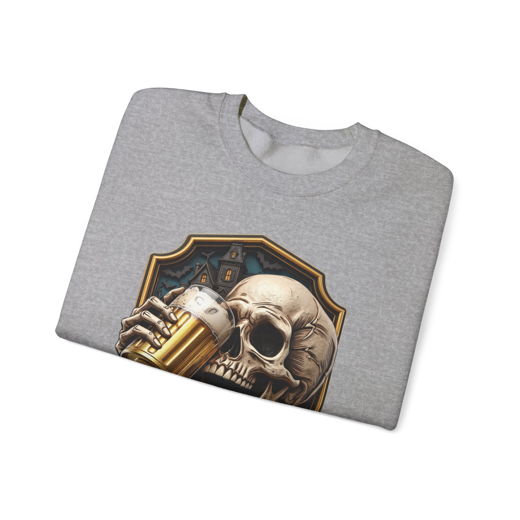 Sport Grey crewneck sweatshirt folded to show the cracked skull lifts a frothy beer mug inside print