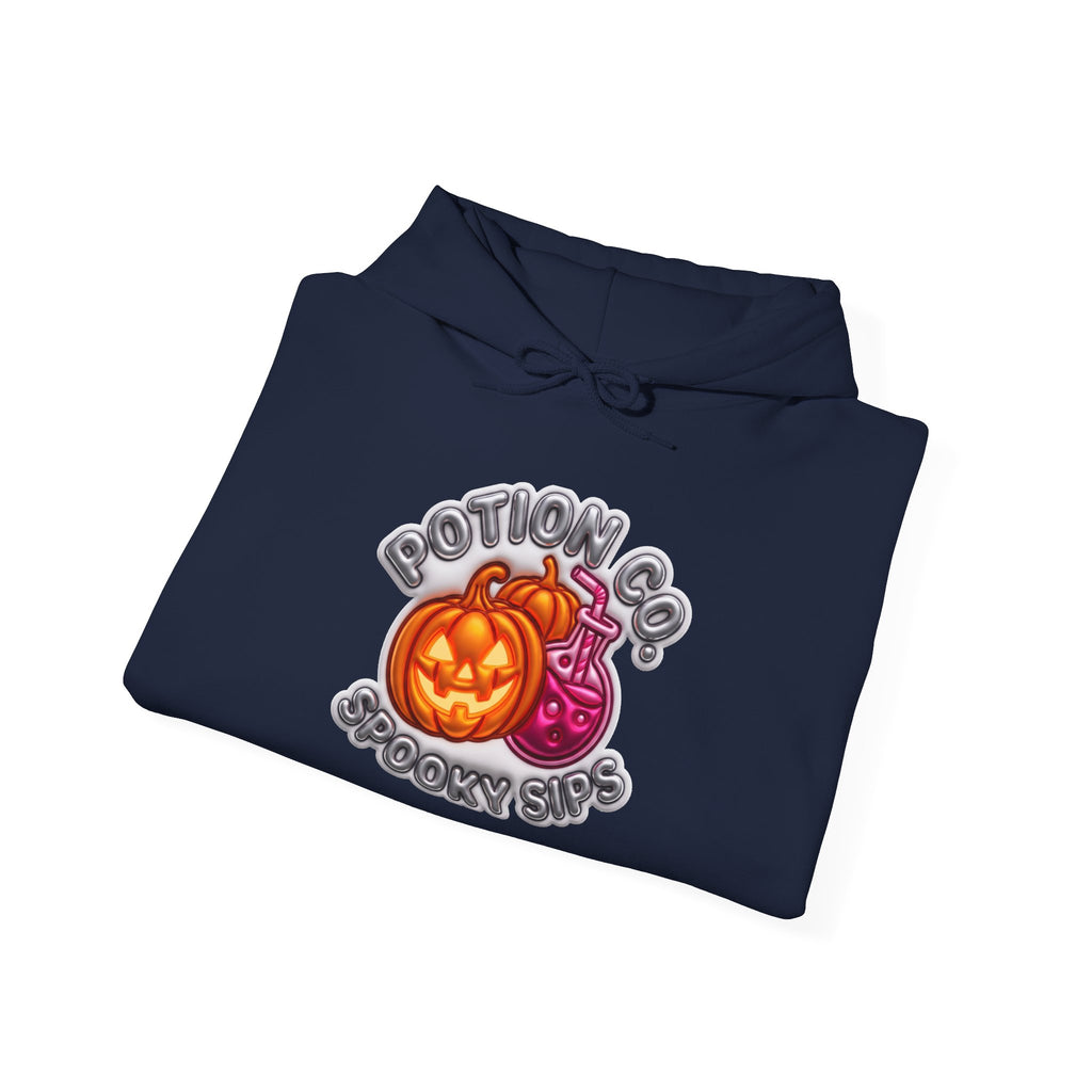 Navy hoodie styled flat with a candle — Potion Co jack-o-lanterns and potion bottles