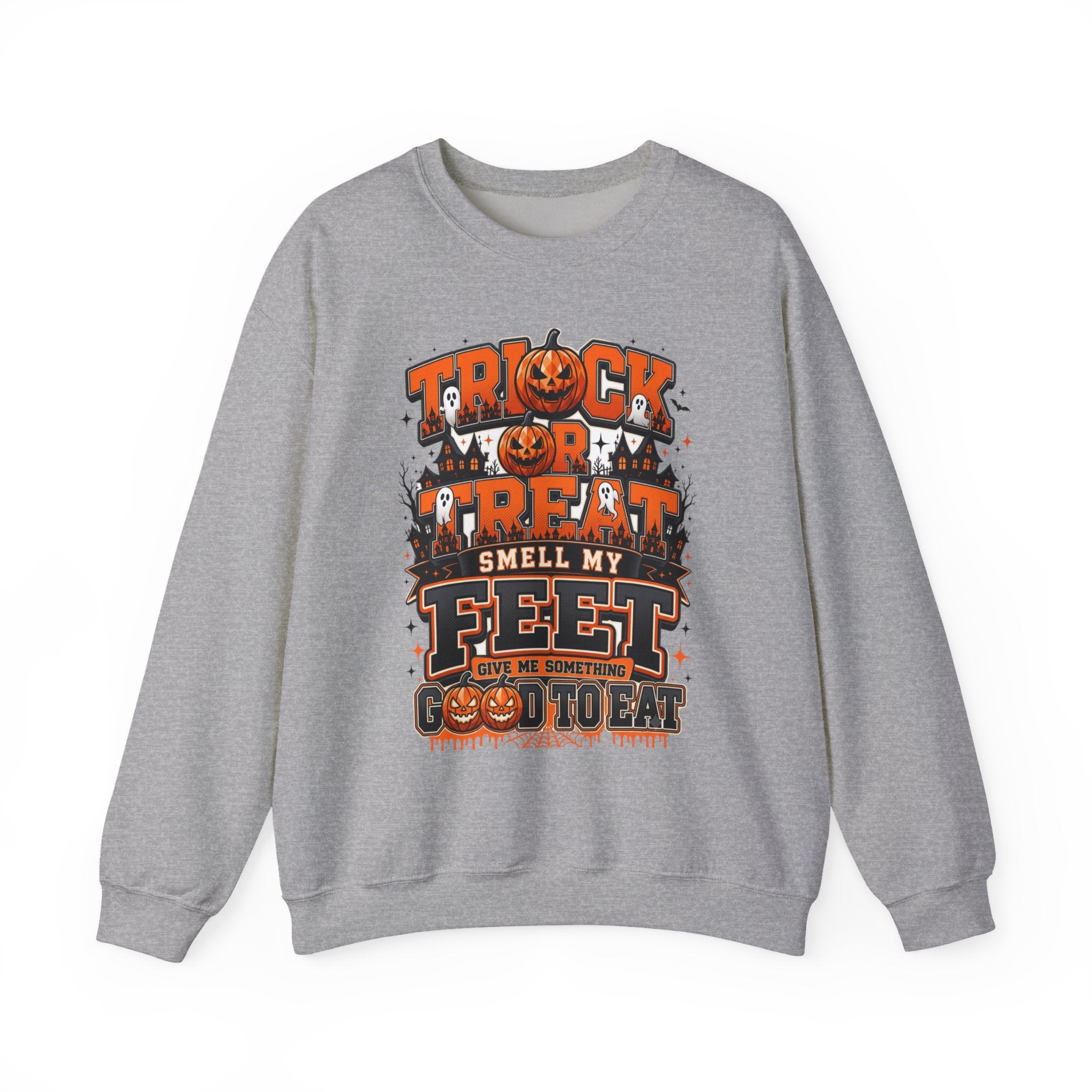 Sport Grey crewneck sweatshirt laid flat, printed with a stacked orange and black lettering spells out the classic