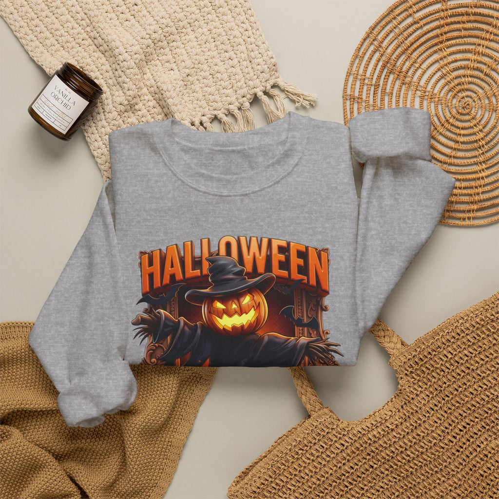 Sport Grey crewneck sweatshirt styled flat with a candle — scarecrow with a jack-o-lantern head