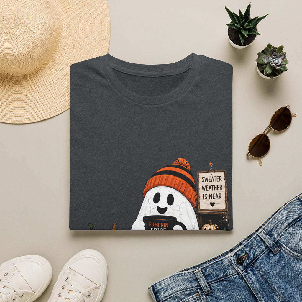 Dark Heather Grey t-shirt printed with a small ghost in a knitted beanie holding a hand-painted, view 17