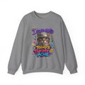 Graphite Heather crewneck sweatshirt laid flat, printed with a flat-eyed cat wearing a battered steel helmet