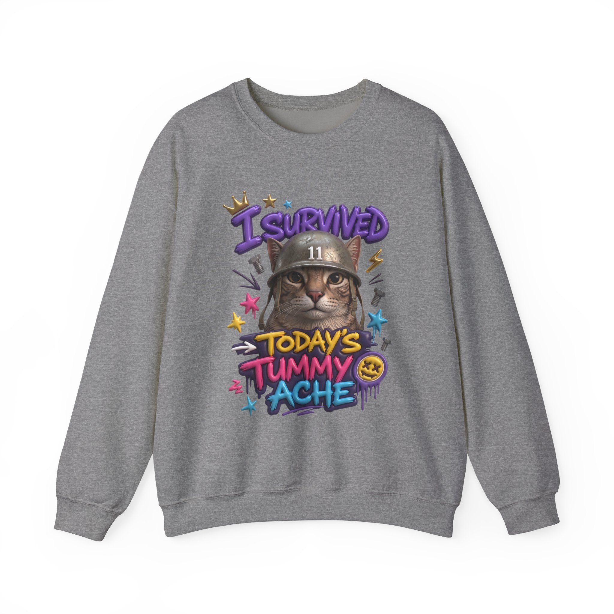 Graphite Heather crewneck sweatshirt laid flat, printed with a flat-eyed cat wearing a battered steel helmet