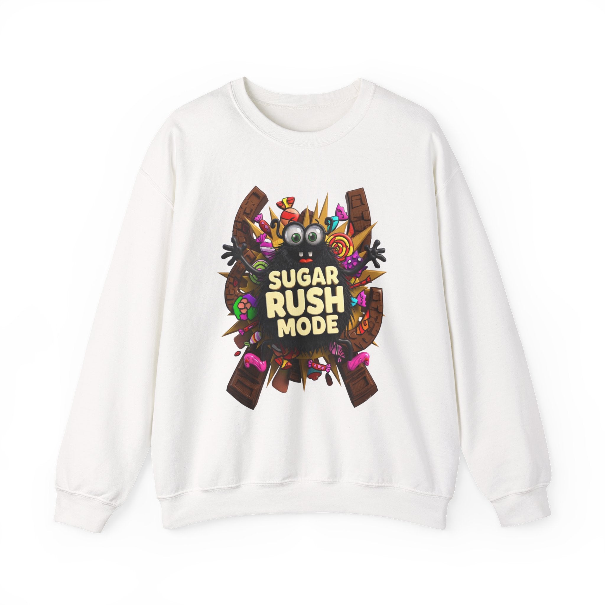 White crewneck sweatshirt laid flat, printed with a fuzzy black monster with big googly eyes bursts out