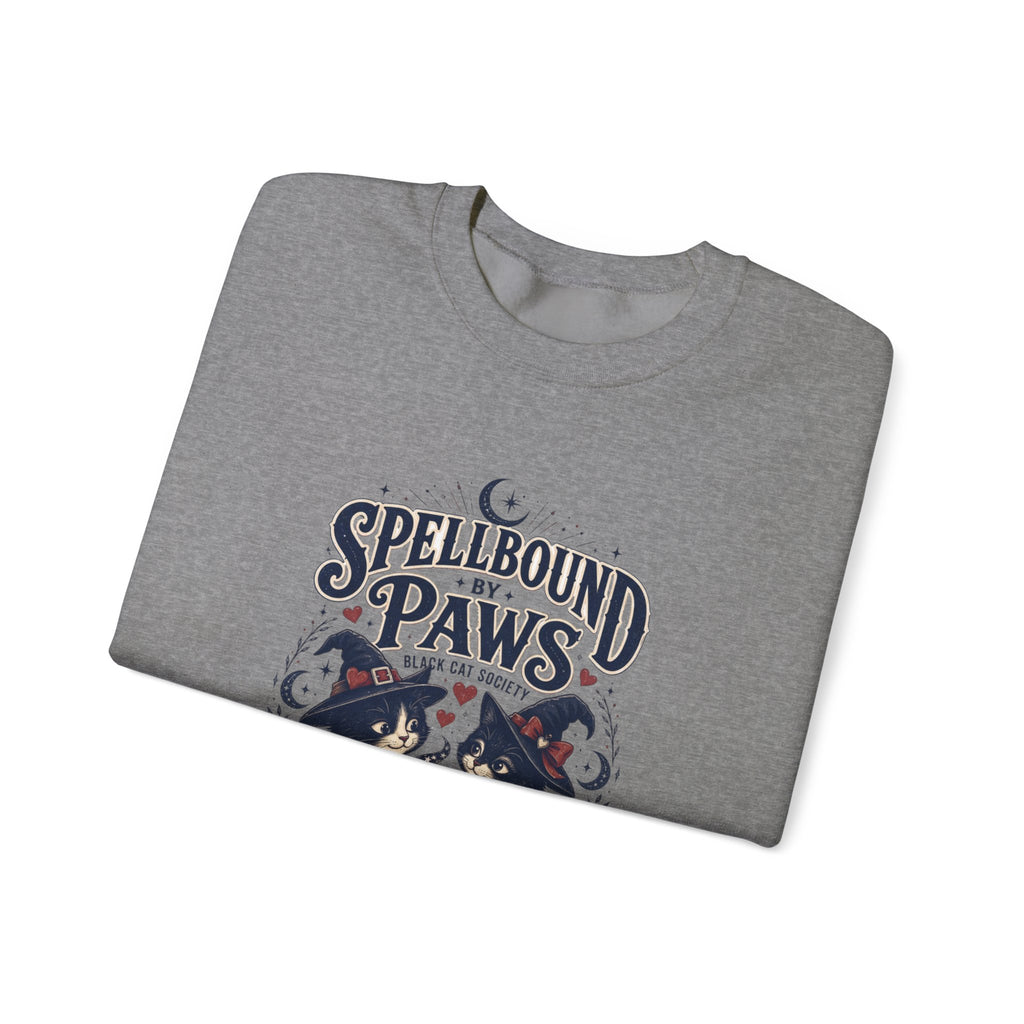 Graphite Heather crewneck sweatshirt folded to show the two black cats in witch hats print