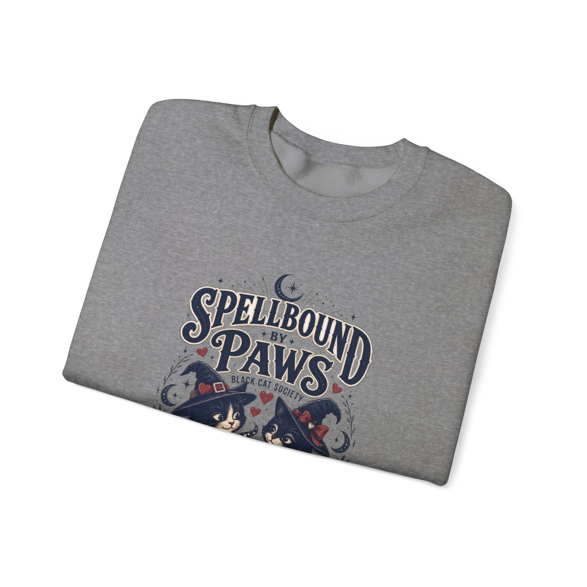 Graphite Heather crewneck sweatshirt folded to show the two black cats in witch hats print