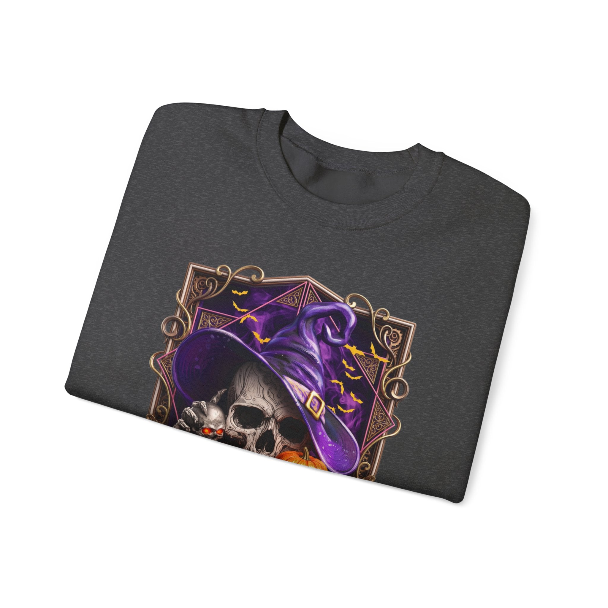 Dark Heather crewneck sweatshirt folded to show the skull in a slouchy purple witch hat peers out print