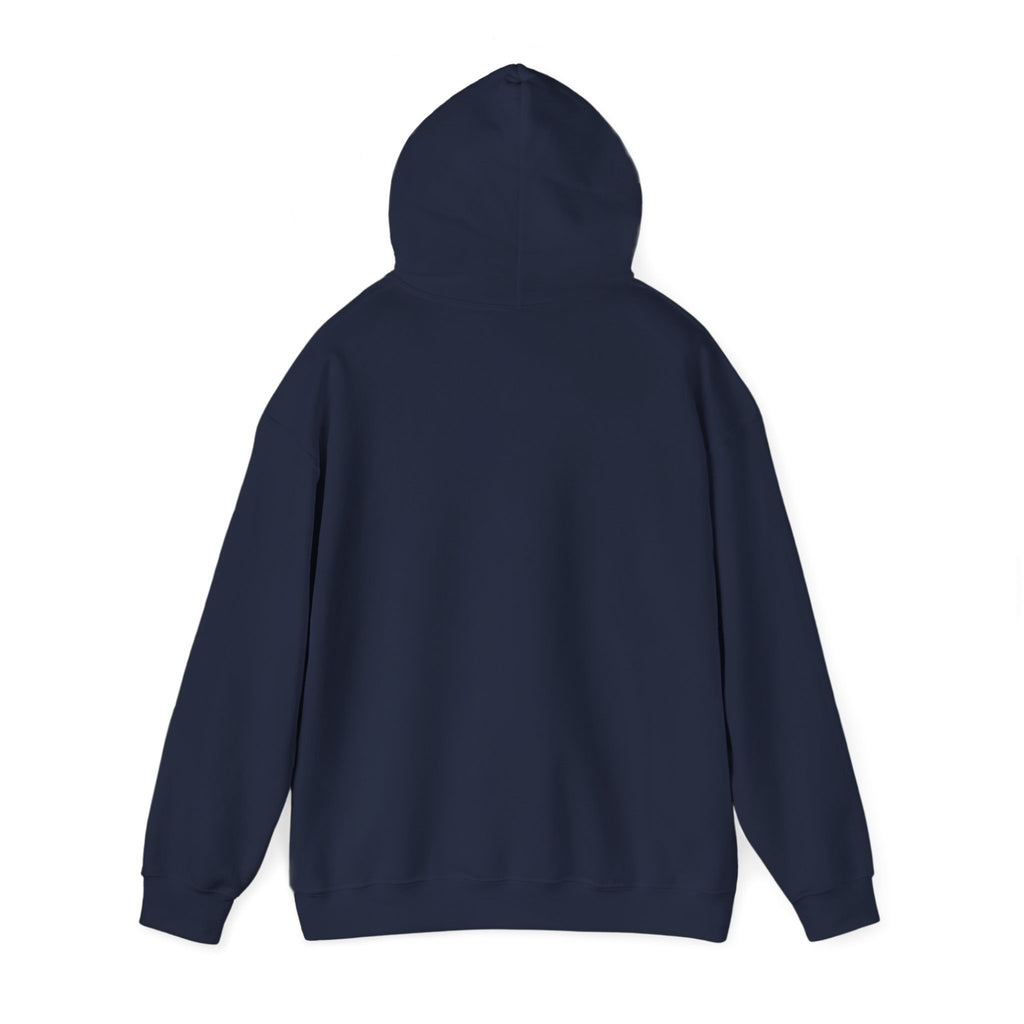Navy hoodie folded to show the sunset skeleton print centred on the chest print