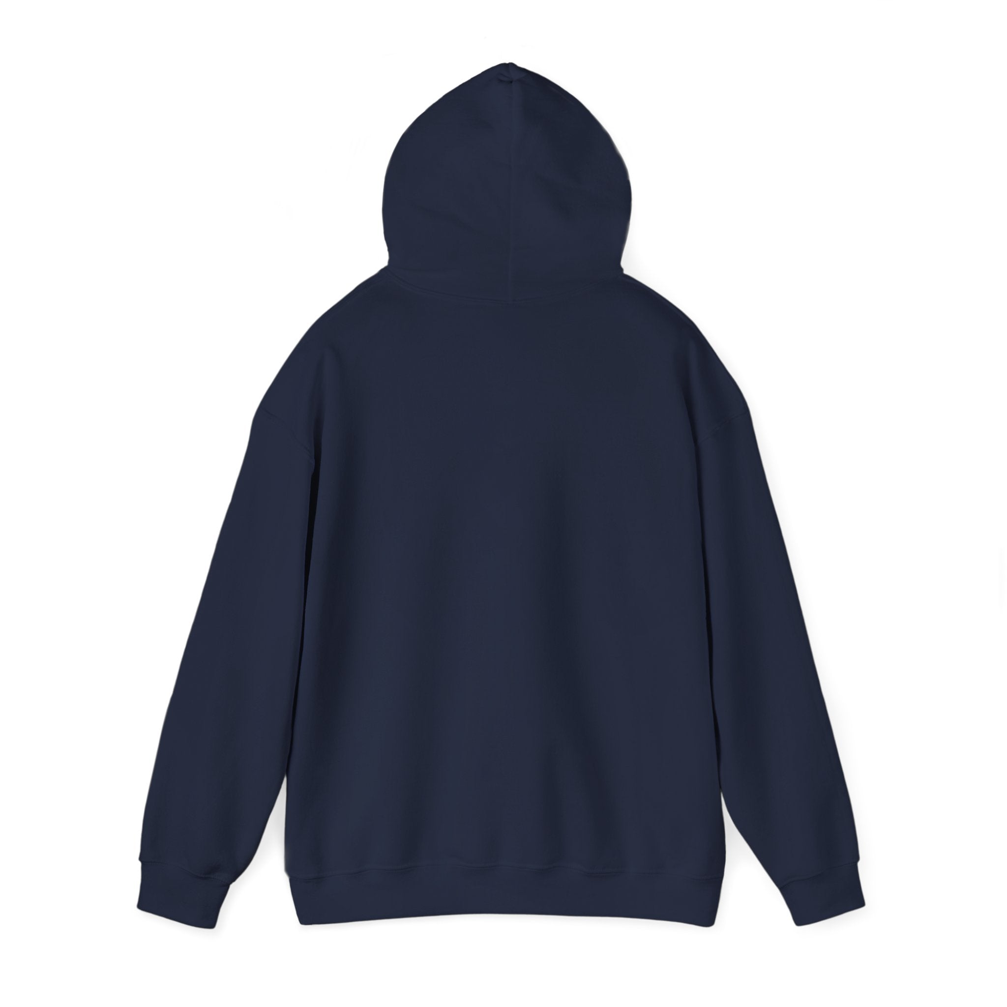 Navy hoodie folded to show the sunset skeleton print centred on the chest print
