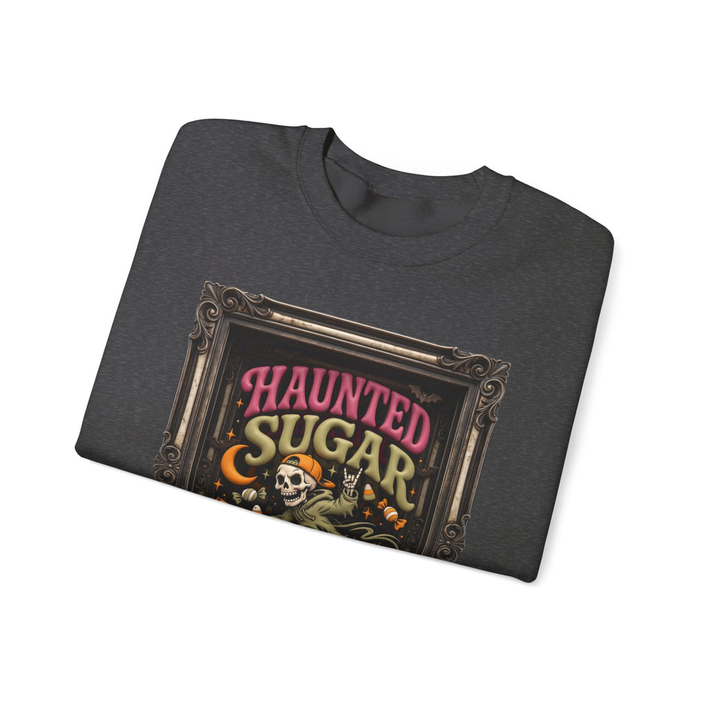 Dark Heather crewneck sweatshirt folded to show the hooded skeleton rides a broom past a crescent moon print